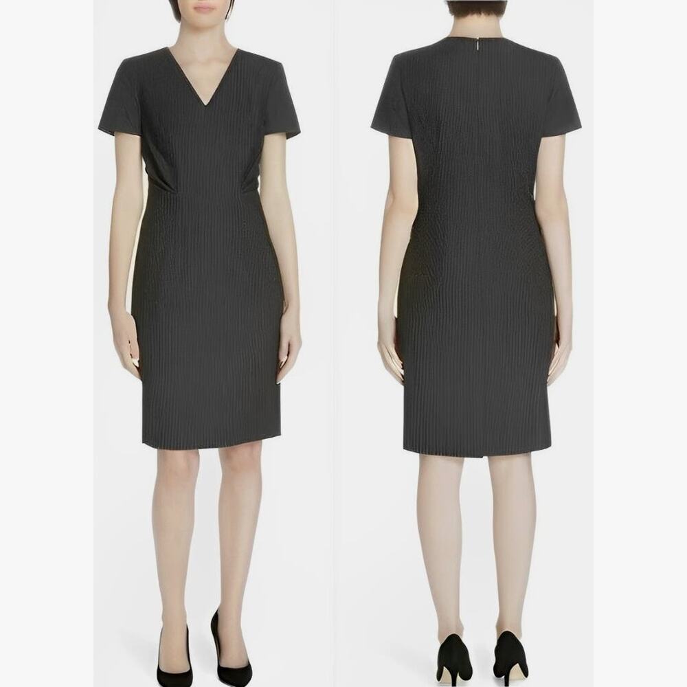 BOSS HUGO BOSS Wool Melange Micro Check Sheath V Neck Pleated Midi Dress | 8